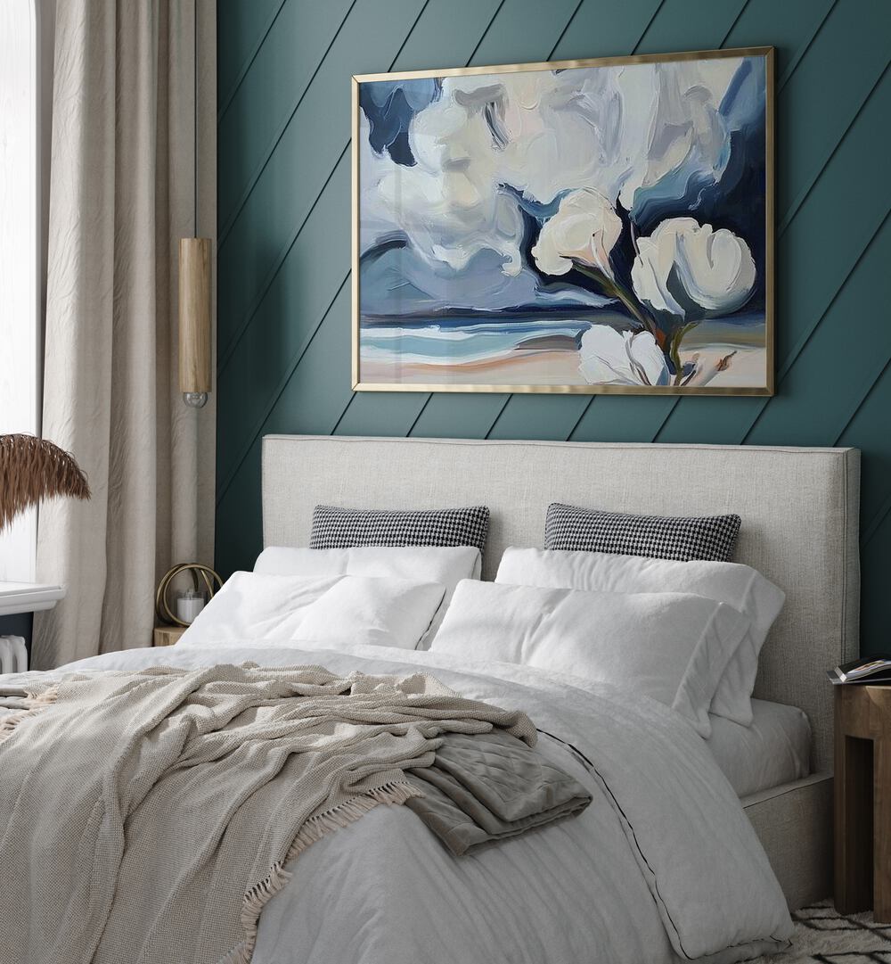 Elegant WHITE FLOWERS ON THE BEACH artwork, enhancing tranquility in any room with serene coastal beauty.