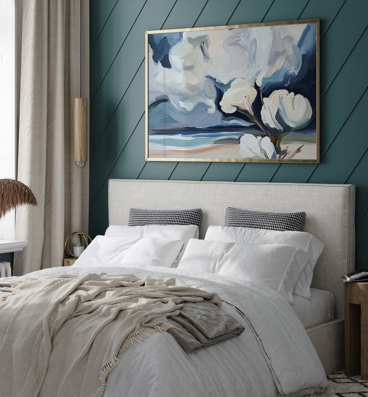 Elegant WHITE FLOWERS ON THE BEACH artwork, enhancing tranquility in any room with serene coastal beauty.