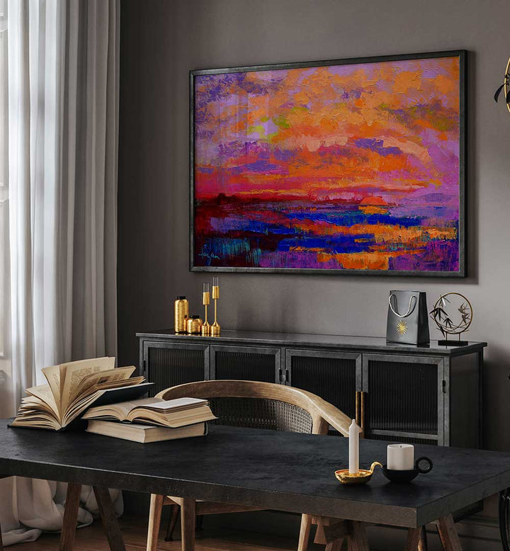 SUNSET HUES , LANDSCAPE PAINTINGS framed textured sunset landscape with vivid orange, pink and purple tones above a modern console