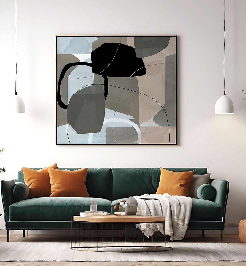 Stylish living room featuring NEUTRAL SHAPES V, ABSTRACT PAINTINGS, enhancing the space with elegant neutral tones.