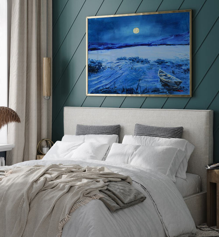 Elegant FULL MOON, LANDSCAPE PAINTINGS adorn a serene bedroom wall, enhancing the tranquil atmosphere of the space.