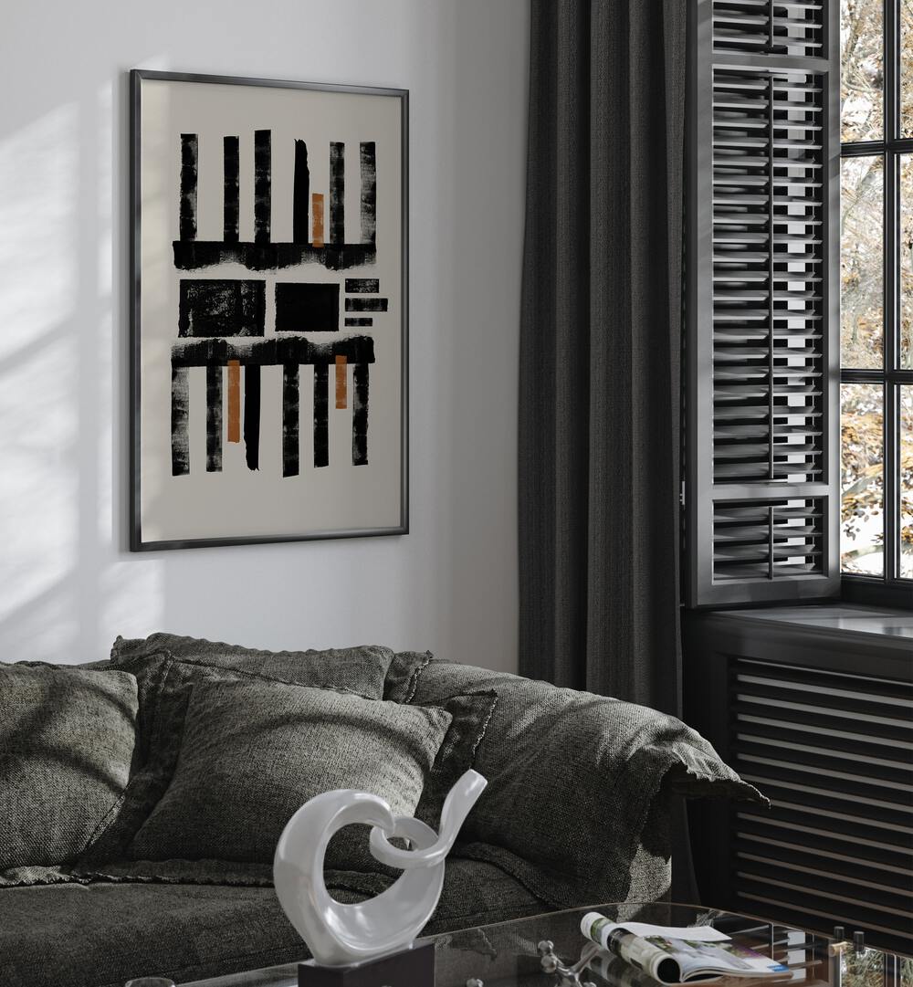 LINO CUT TEXTURE , ABSTRACT PAINTINGS adorn the wall, enhancing the modern living room with bold design elements.