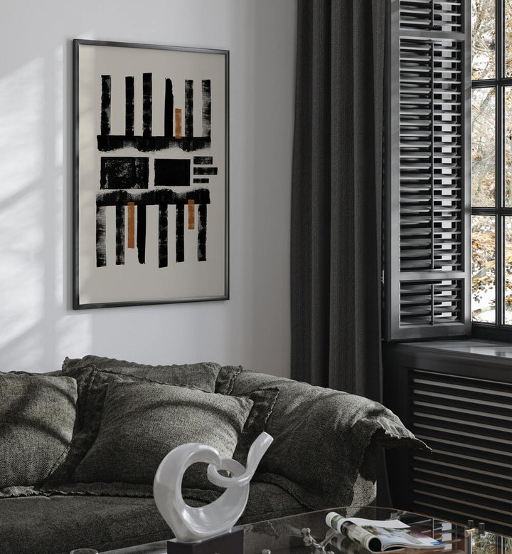 LINO CUT TEXTURE , ABSTRACT PAINTINGS adorn the wall, enhancing the modern living room with bold design elements.