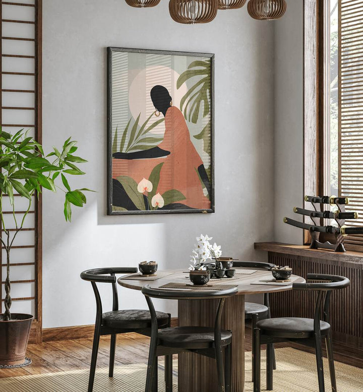 Stunning SERENE SUNLIT SILHOUETTE, BOHO ART PAINTINGS in a chic living space, enhancing bohemian decor vibes.