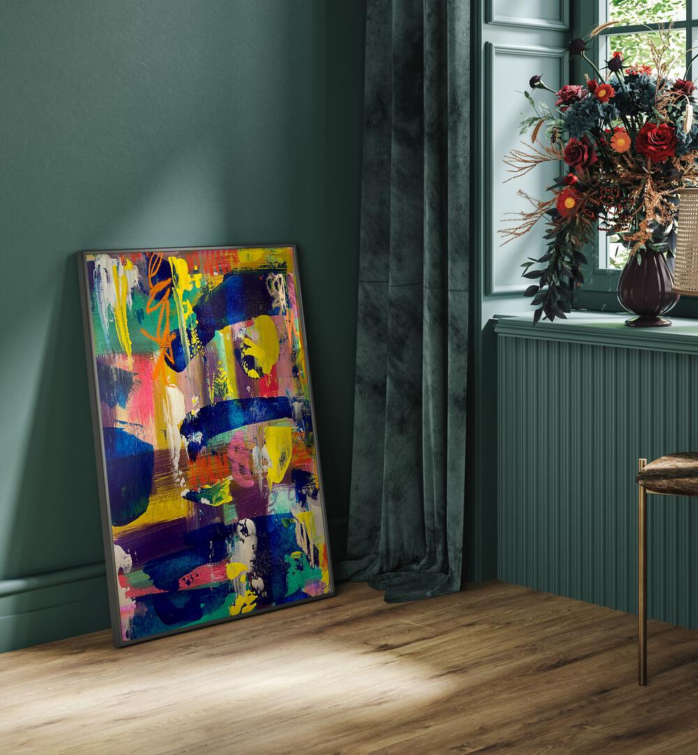 Vibrant DAY V, ABSTRACT PAINTINGS displayed in a stylish interior, enhancing creativity in living spaces.