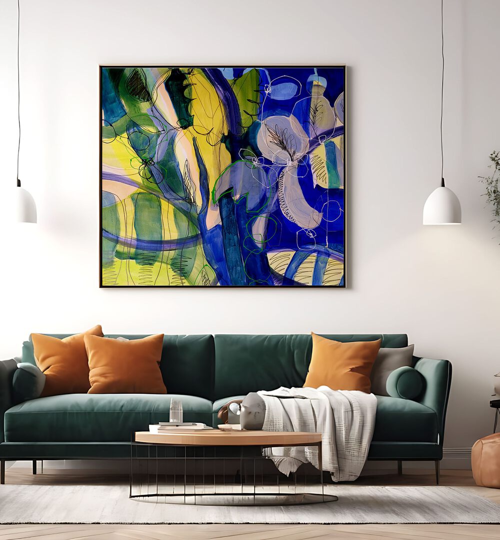 Colorful abstract painting "WATER FLOWERS V, ABSTRACT PAINTINGS" enhances modern living spaces with elegance.