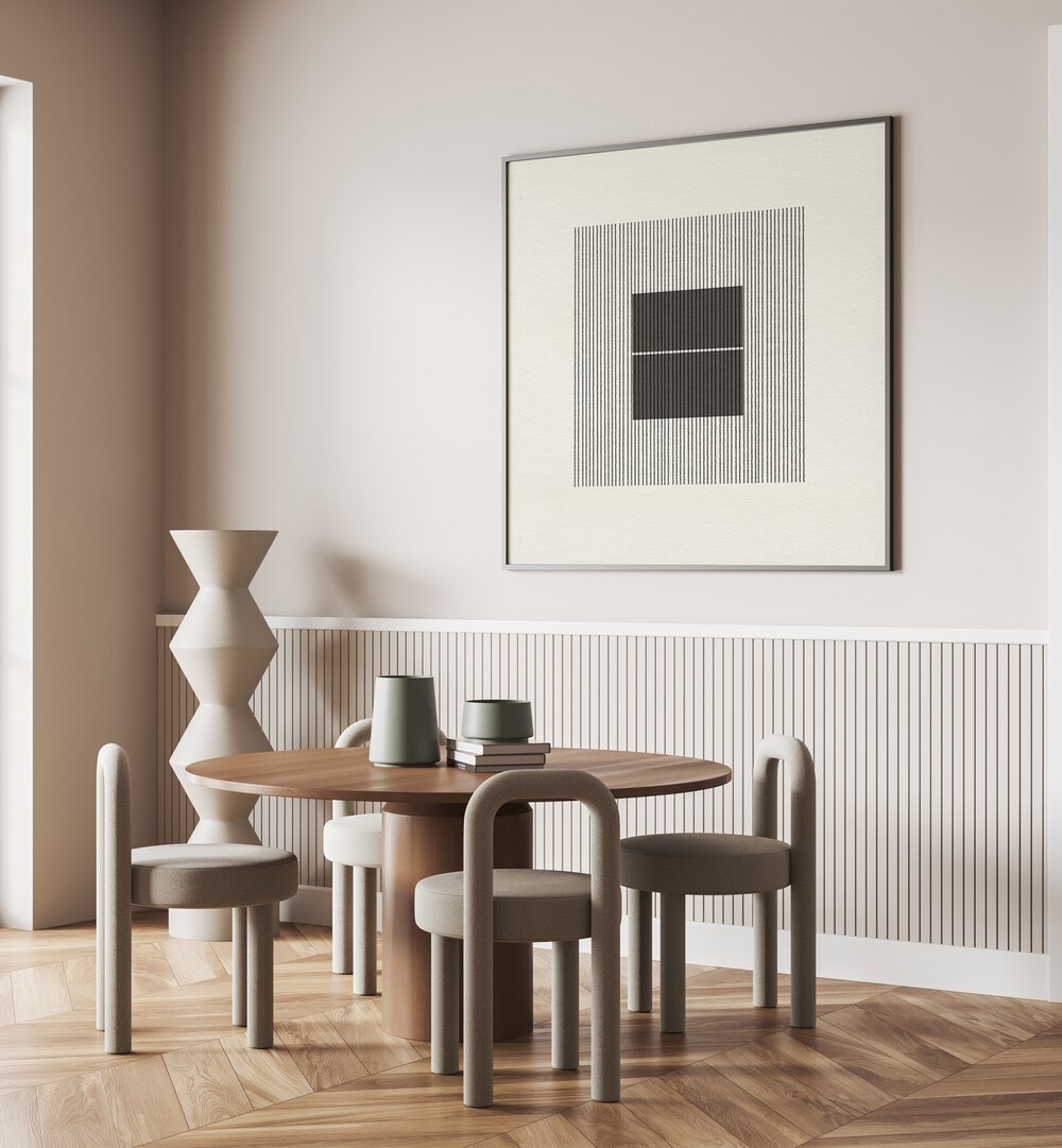 Stylish dining area featuring PAPER OBJECT VI, GEOMETRIC ART PRINTS, enhancing elegance and functionality in decor.