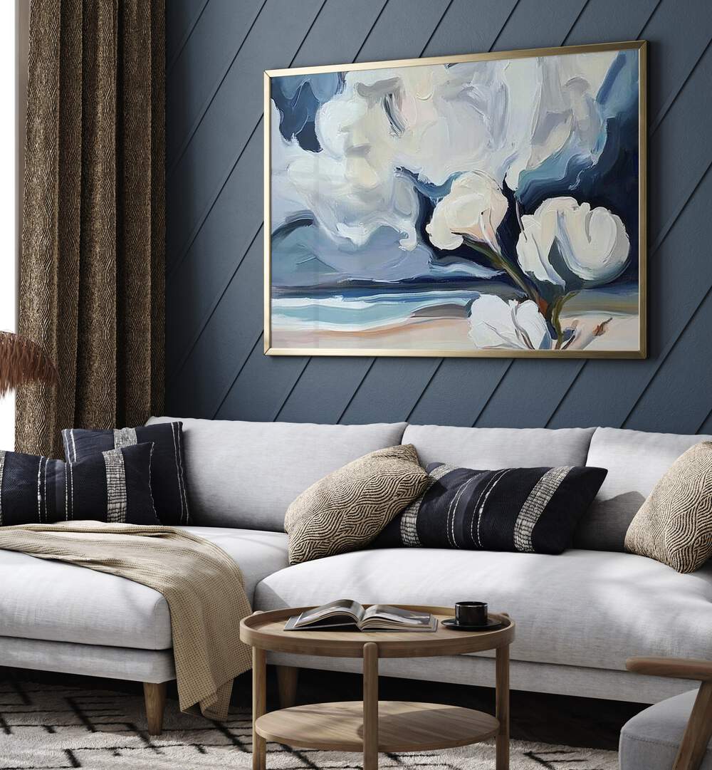 Elegant WHITE FLOWERS ON THE BEACH artwork enhances any space, showcasing serene beauty and tranquility in nature.