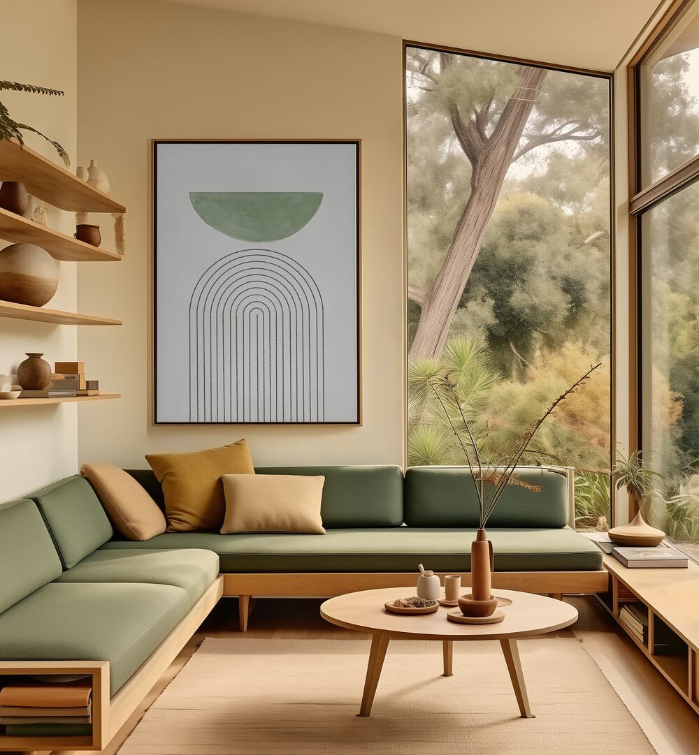 Stylish living room featuring GREEN MOON III, BOHO ART PAINTINGS by THE MIUUS STUDIO, enhancing contemporary decor.