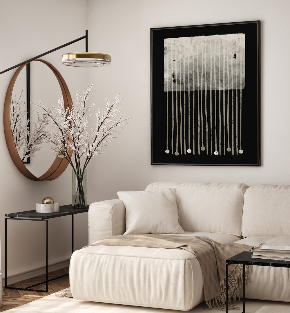 Stylish living room featuring MIDNIGHT ESCAPE ABSTRACTION, GEOMETRIC ART PRINTS, elevating modern decor.