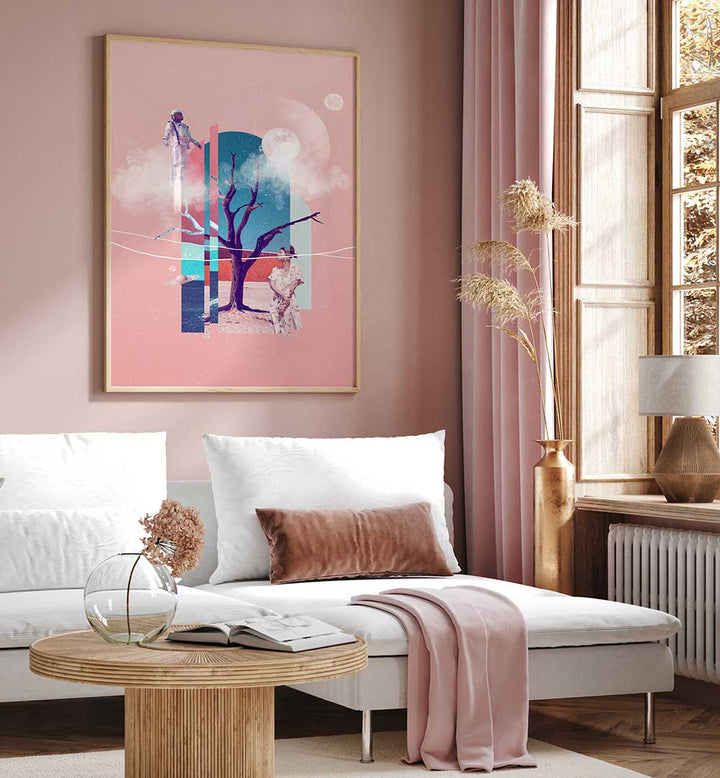 Surreal art print "SPACE LOVE" adds a vibrant touch to any modern living space, perfect for art lovers.