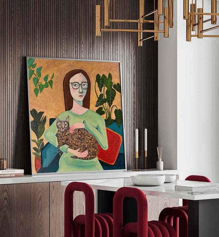 LADY WITH HER CAT IN LOUNGEROOM , PORTRAITS & FIGURATIVE ILLUSTRATIONS