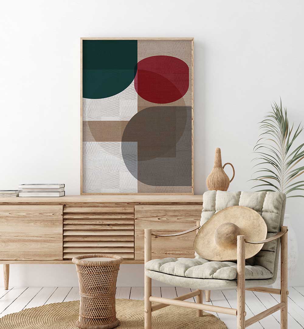 Stunning WOVEN BLUE GREEN RED II, GEOMETRIC ART PRINTS brighten modern interiors with vibrant colors and bold shapes.