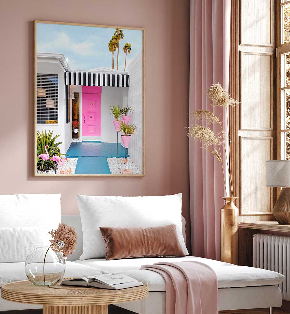 PINK DOOR WITH YARD FLAMINGOS , PHOTOGRAPHY PRINTS