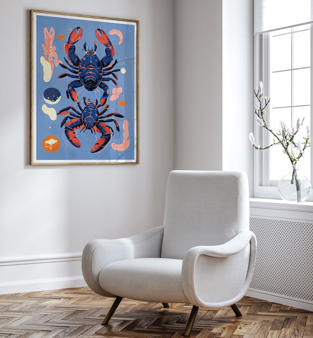 Vibrant LOBSTER, BEACH PAINTINGS add coastal charm to your kitchen decor, transforming your culinary space beautifully.