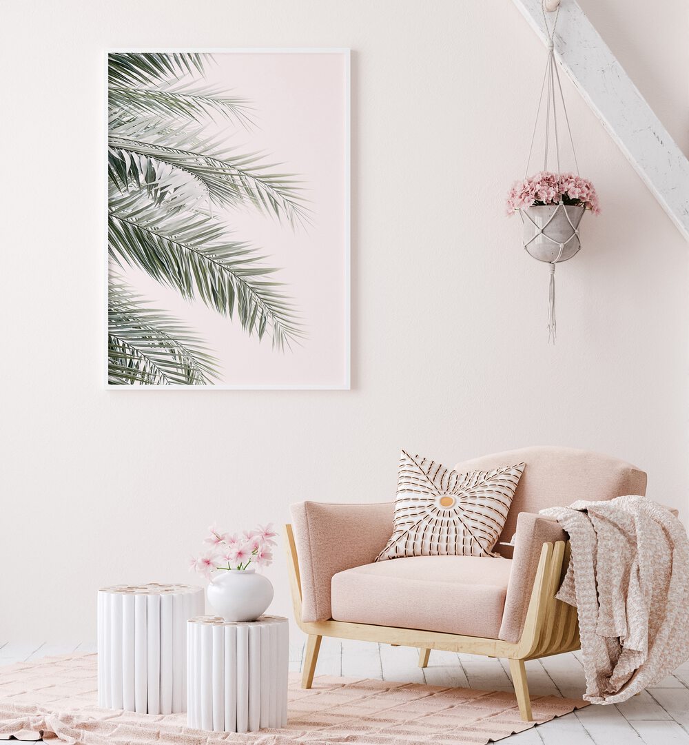 Stylish BLUSH PALM LEAVES, BEACH PAINTINGS elevate modern decor, adding a touch of tropical beauty to any space.