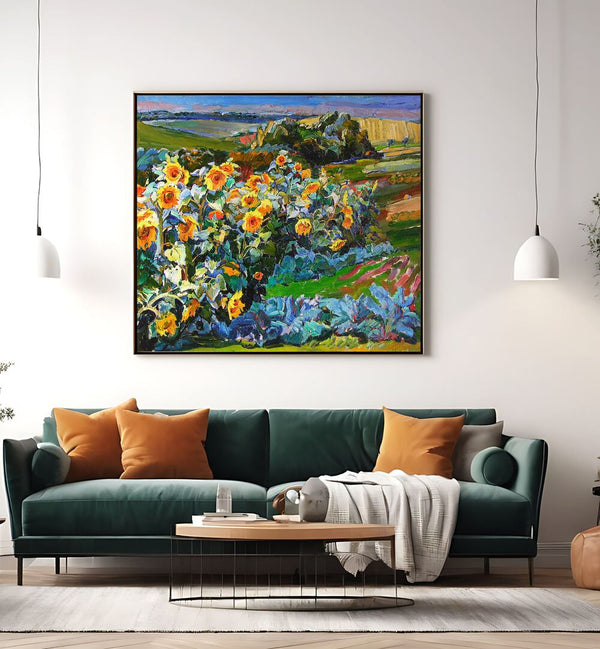 Vibrant SUNFLOWERS, FLORAL FLOWER PAINTINGS enhancing home decor with warmth and positivity in a stylish living room setting.