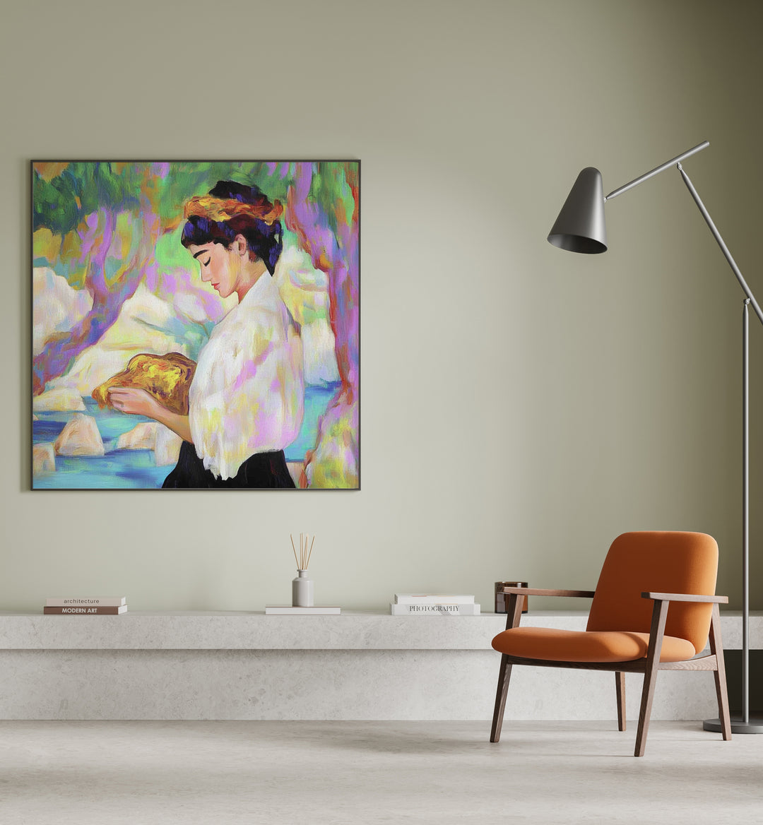 Stunning artwork featuring the WOMAN WITH A ROCK, showcasing strength and beauty in modern art. Perfect for any space.