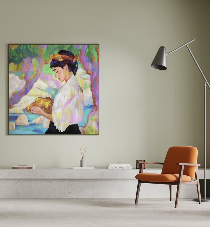 Stunning artwork featuring the WOMAN WITH A ROCK, showcasing strength and beauty in modern art. Perfect for any space.