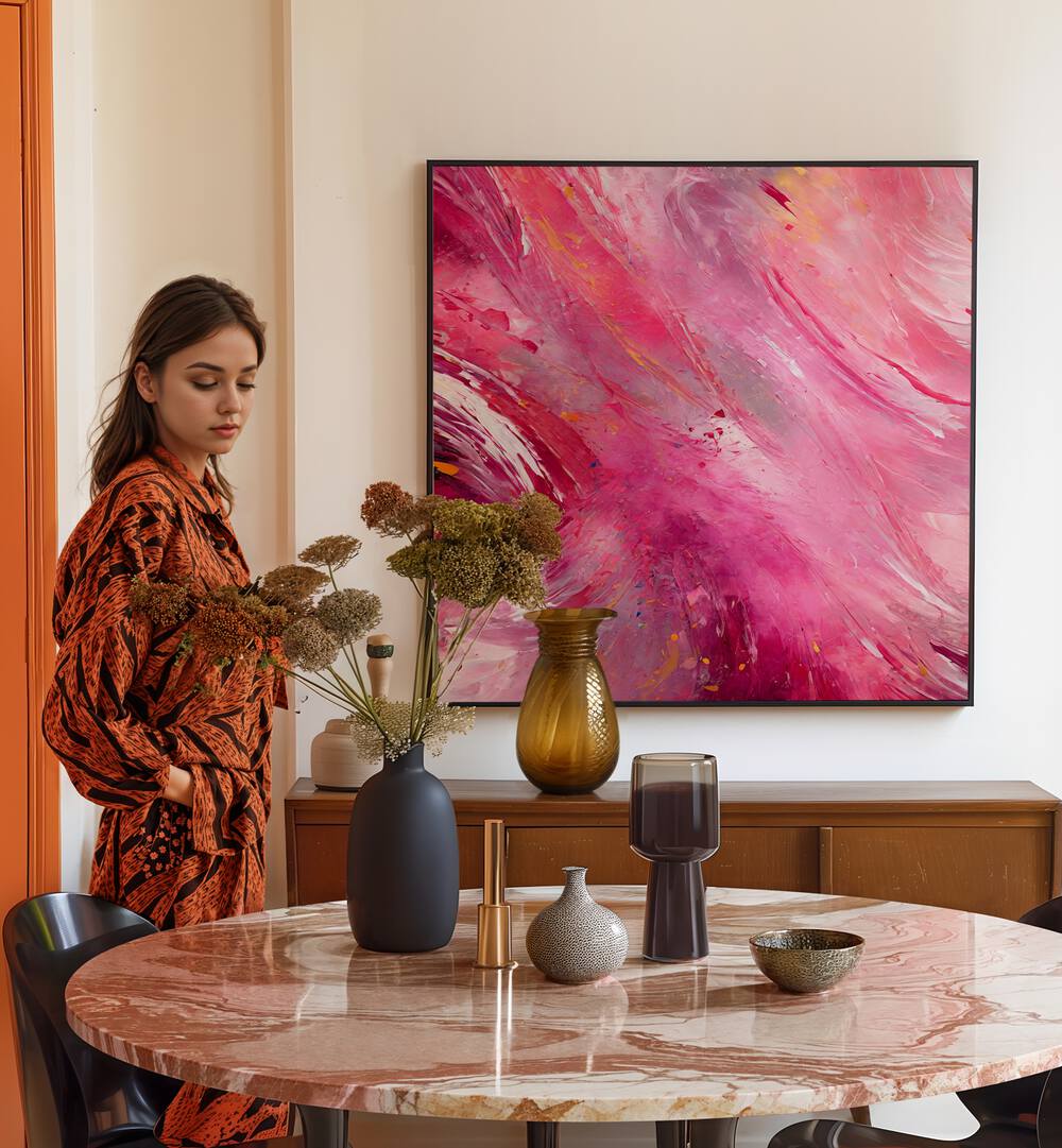 VIBRANT ABSTRACT WITH BOLD PINK, ABSTRACT PAINTINGS add energy and style to any space with dynamic colors and shapes.