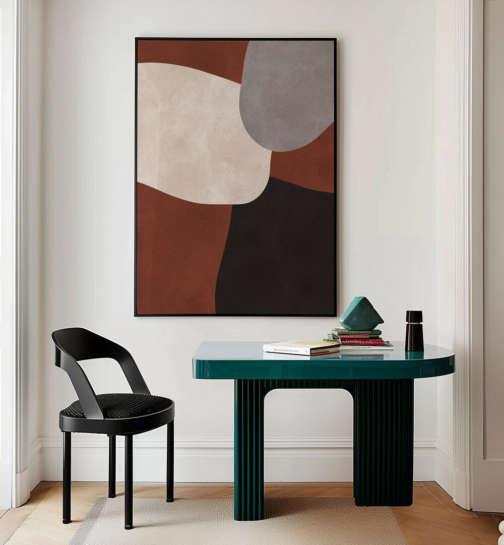 Stylish interior showcasing EXPRESSIONIST V, ABSTRACT PAINTINGS with dynamic shapes and vibrant colors. Perfect for any space.
