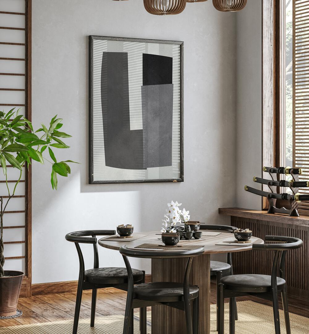 Stylish dining area featuring MODERN SHAPES X, GEOMETRIC ART PRINTS, perfect for contemporary home decor.