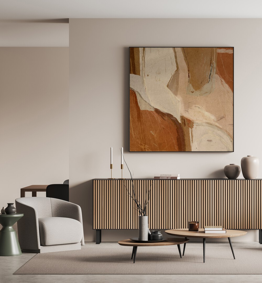 Stylish living room featuring EARTHY ABSTRACTIONS, ABSTRACT PAINTINGS, enhancing modern decor with warm tones.