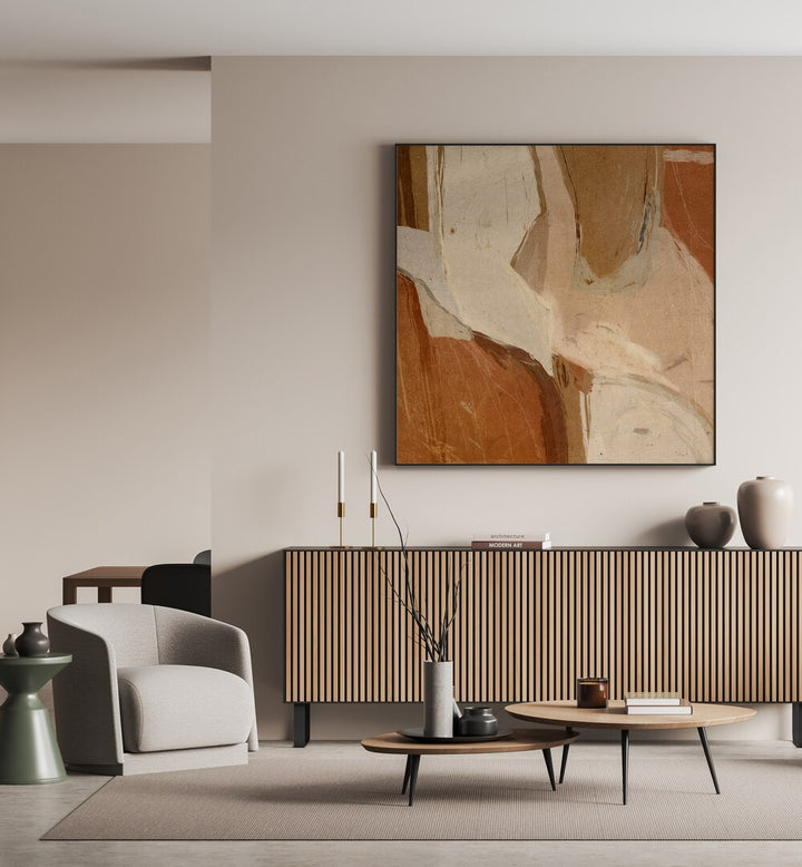 Stylish living room featuring EARTHY ABSTRACTIONS, ABSTRACT PAINTINGS, enhancing modern decor with warm tones.