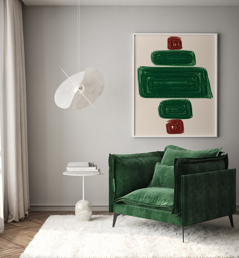 SIMPLEX II, ABSTRACT PAINTINGS adorns a modern living room, showcasing vibrant colors and creative design.