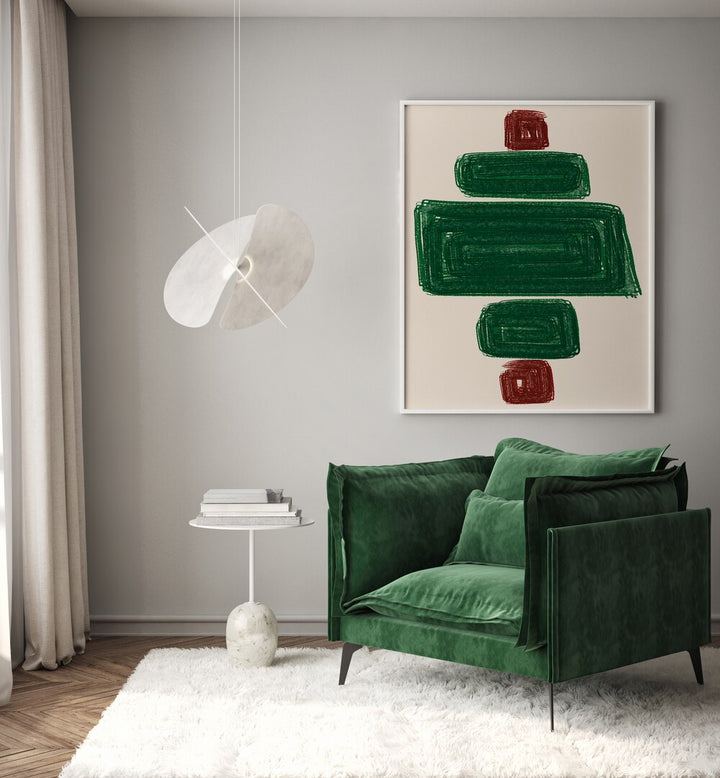 SIMPLEX II, ABSTRACT PAINTINGS adorns a modern living room, showcasing vibrant colors and creative design.