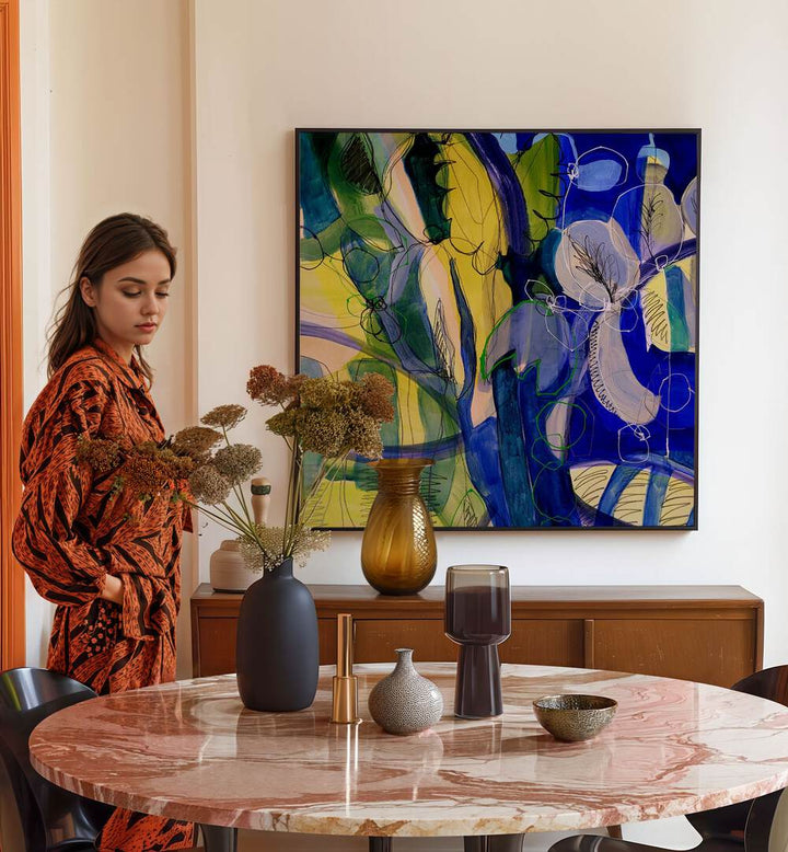 Stunning WATER FLOWERS V, ABSTRACT PAINTINGS showcased in a chic living space, enhancing contemporary elegance.