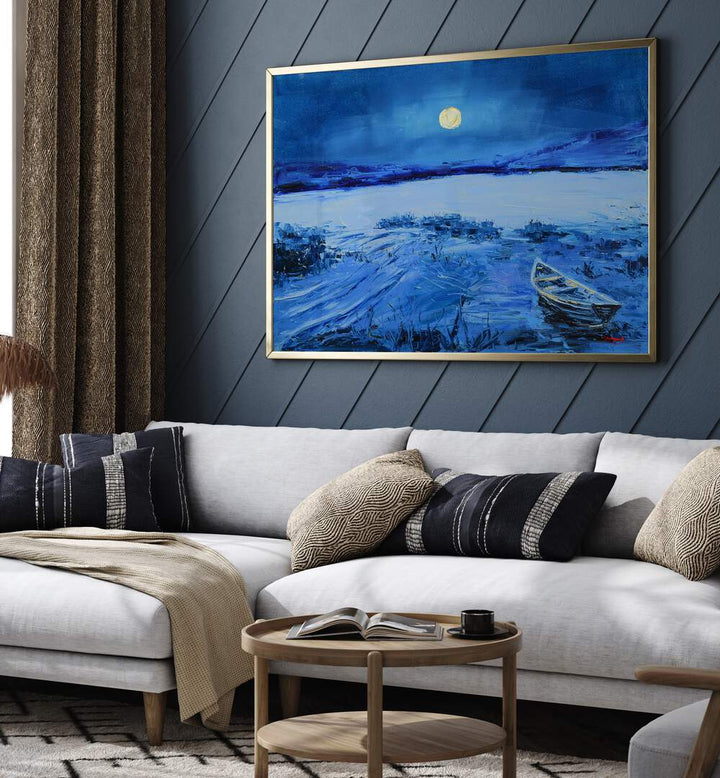 Elegant FULL MOON, LANDSCAPE PAINTINGS enhance modern decor with serene blues and a tranquil night scene.