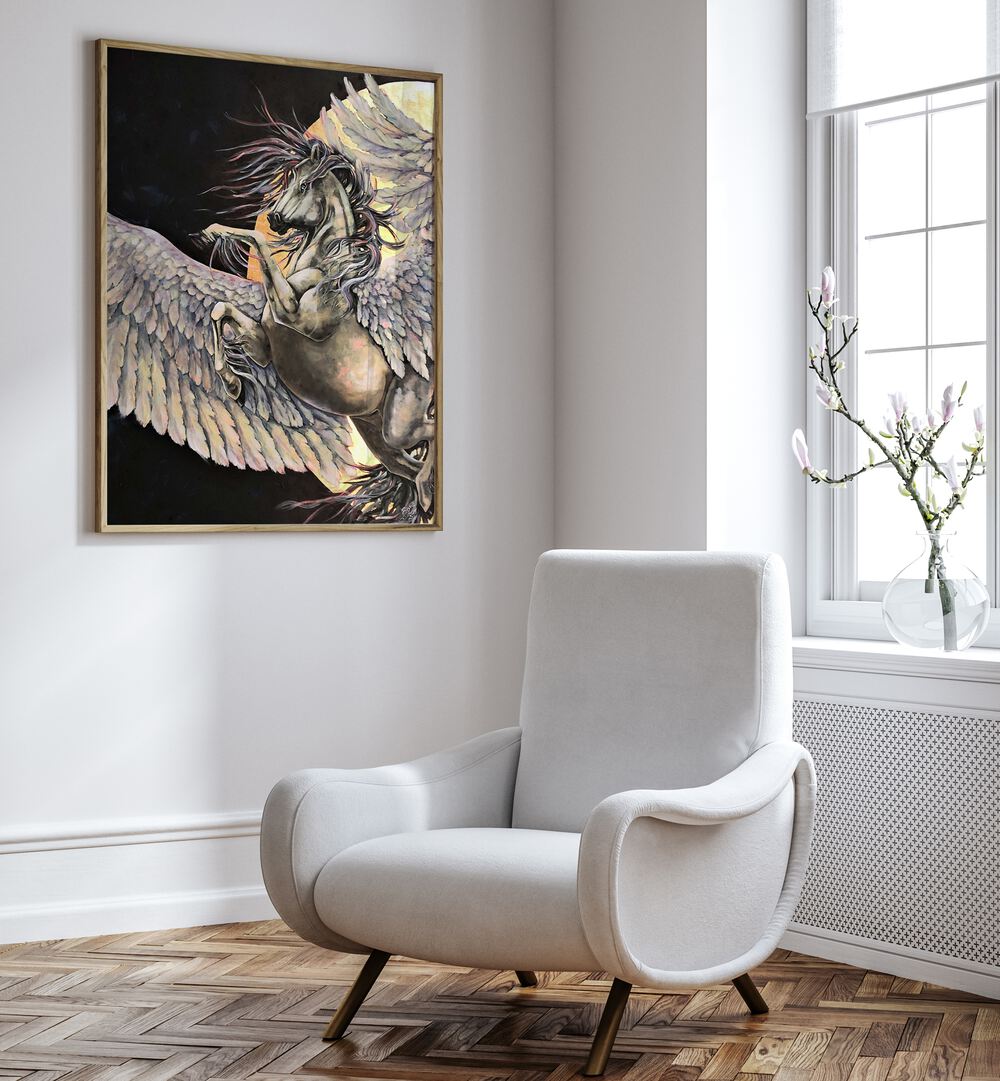 Stunning artwork from THE POWER OF PEGASUS, ANIMAL PAINTINGS, showcasing a majestic Pegasus in a modern setting.