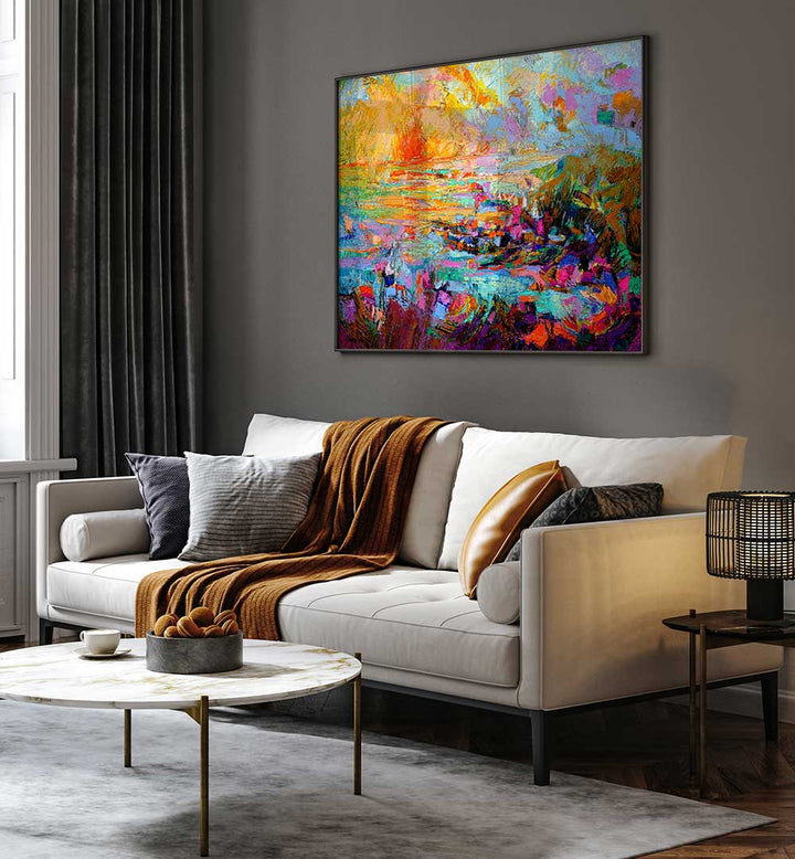 Framed vibrant abstract coastal canvas in living room titled SUNSET OVER , LANDSCAPE PAINTINGS — Studio59