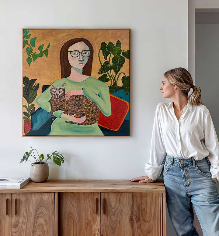 LADY WITH HER CAT IN LOUNGEROOM , PORTRAITS & FIGURATIVE ILLUSTRATIONS