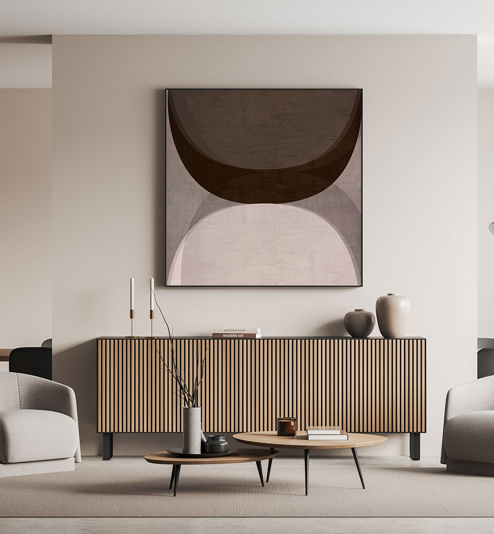 Stylish living room featuring MODERN MOCHA II, GEOMETRIC ART PRINTS, enhancing contemporary home decor elegance.