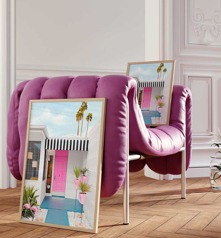 PINK DOOR WITH YARD FLAMINGOS , PHOTOGRAPHY PRINTS