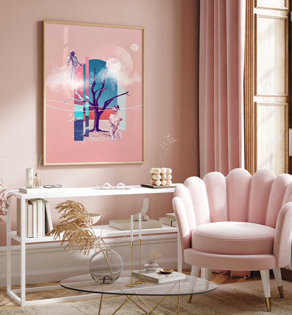 Surreal art print "SPACE LOVE" featuring cosmic elements and a dreamy landscape, perfect for modern decor.
