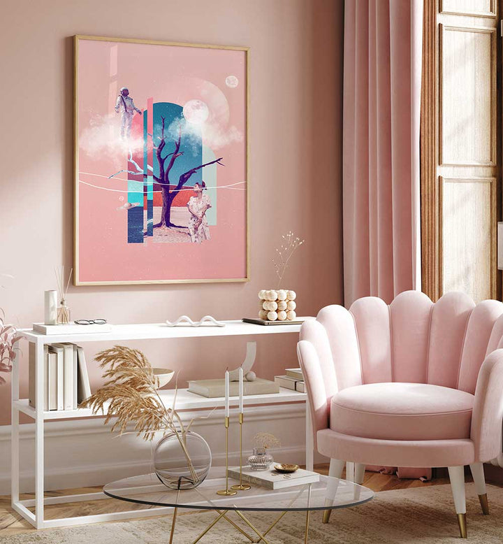 Surreal art print "SPACE LOVE" featuring cosmic elements and a dreamy landscape, perfect for modern decor.