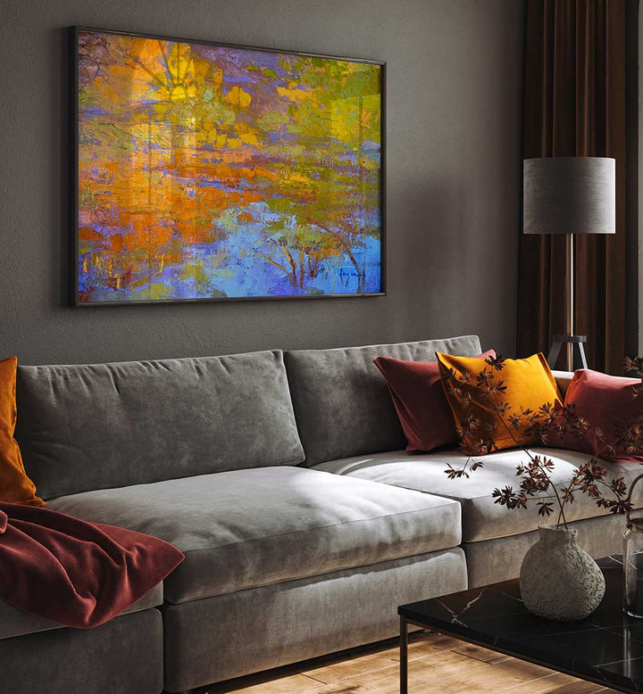 Framed canvas over sofa showcasing AUTUMN'S PALETTE , LANDSCAPE PAINTINGS — warm textured fall hues in modern living room