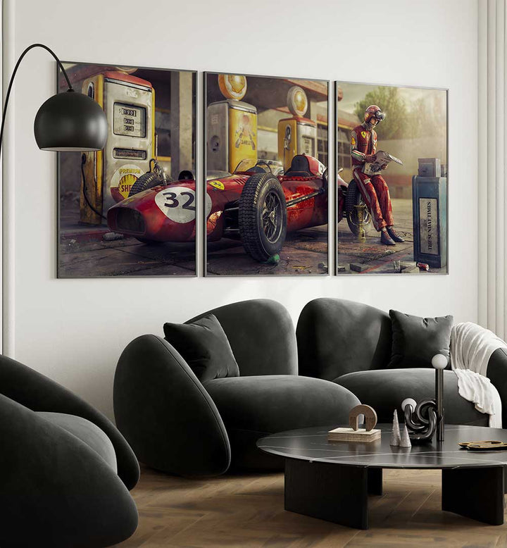CLASSIC PIT STOP , SET OF 3 PAINTINGS