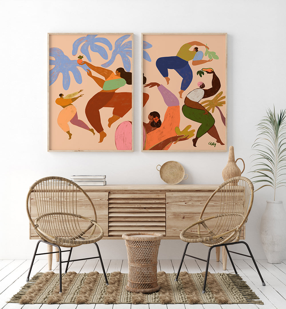 Modern interior with wooden desk, wicker chairs, and colorful abstract art on the wall.