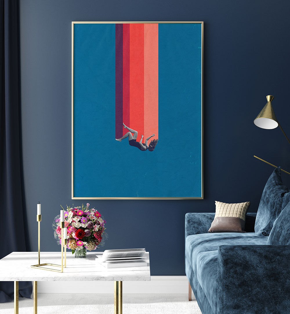 Surreal art print "FALLING LOVE" featuring a figure descending, perfect for modern decor. Ideal for art enthusiasts.