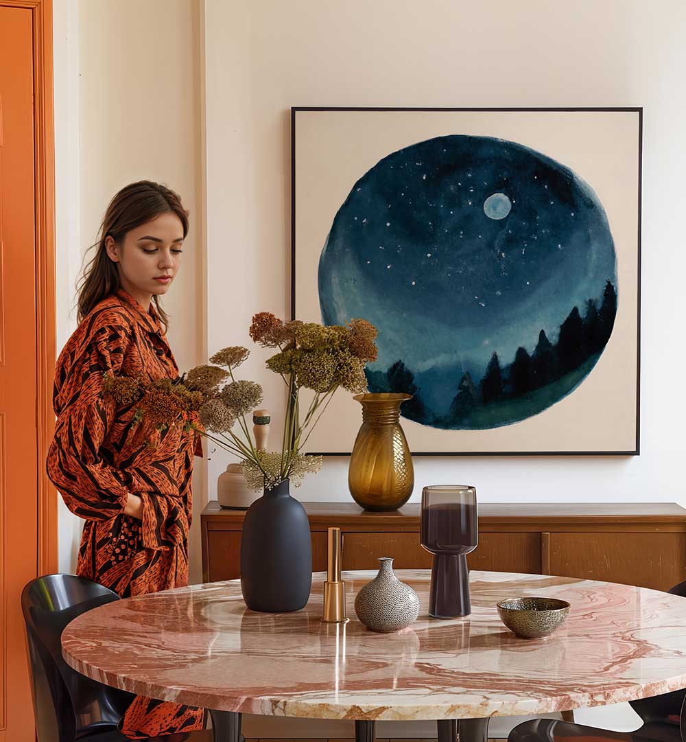 Young woman beside a dining table with decor and AROUND THE WORLD , KIDS ROOM PAINTINGS starry night wall art.