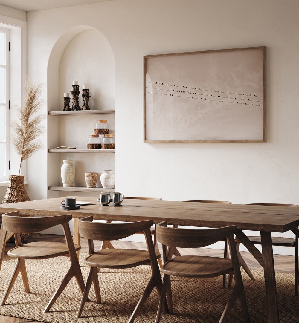 Stylish dining room showcasing BIRDS ON A WIRE BEIGE, ANIMAL PAINTINGS, enhancing the serene home decor.
