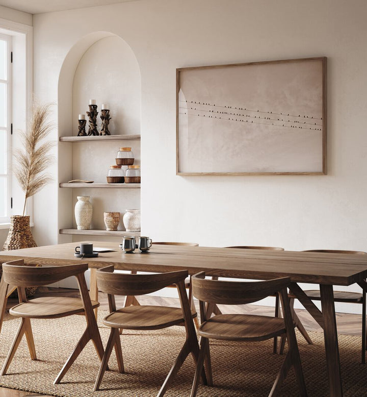 Stylish dining room showcasing BIRDS ON A WIRE BEIGE, ANIMAL PAINTINGS, enhancing the serene home decor.