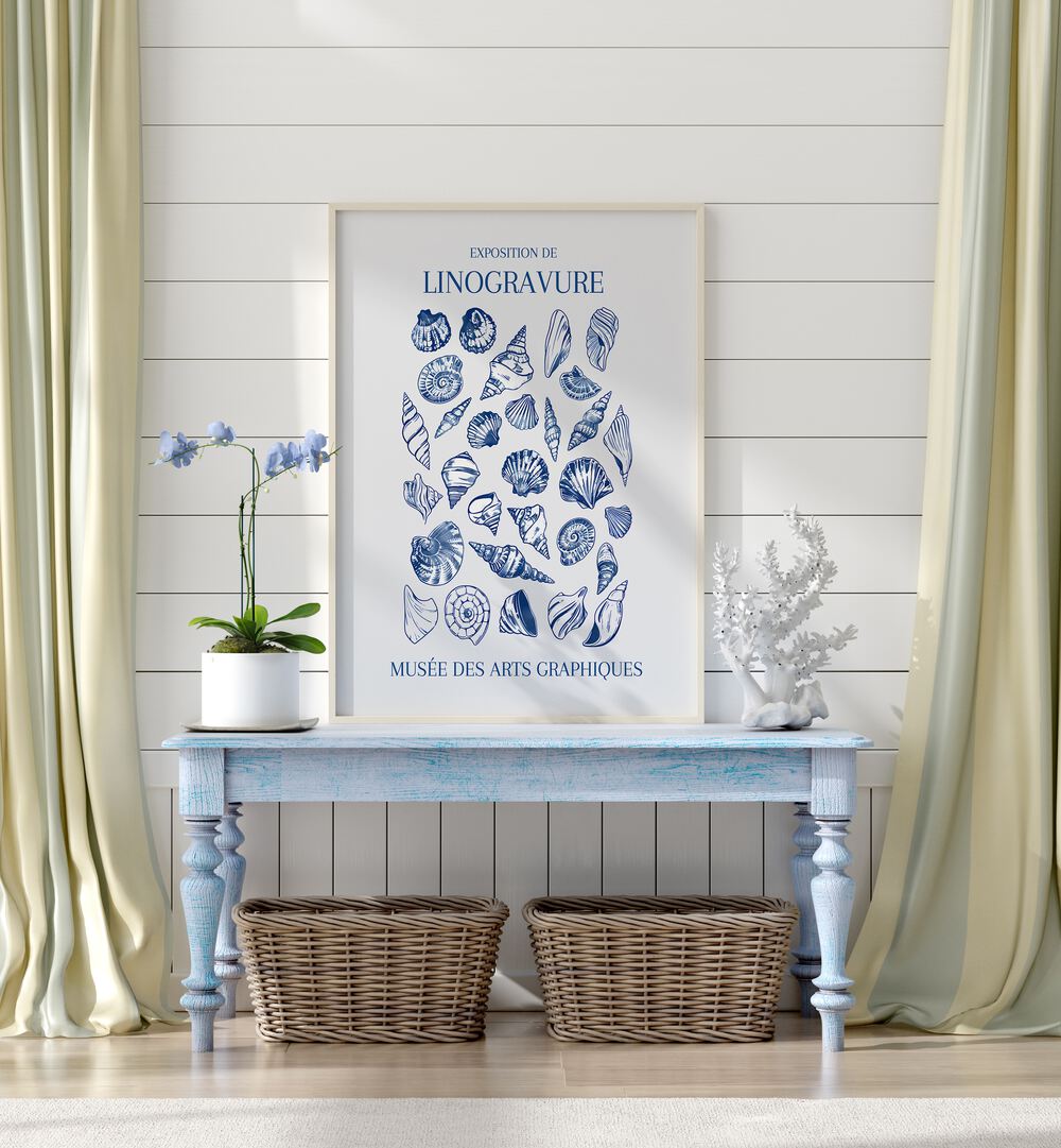 Stylish LINO SEASHELL ART MARKET, BEACH PAINTINGS framed art piece enhances coastal decor in a serene living space.
