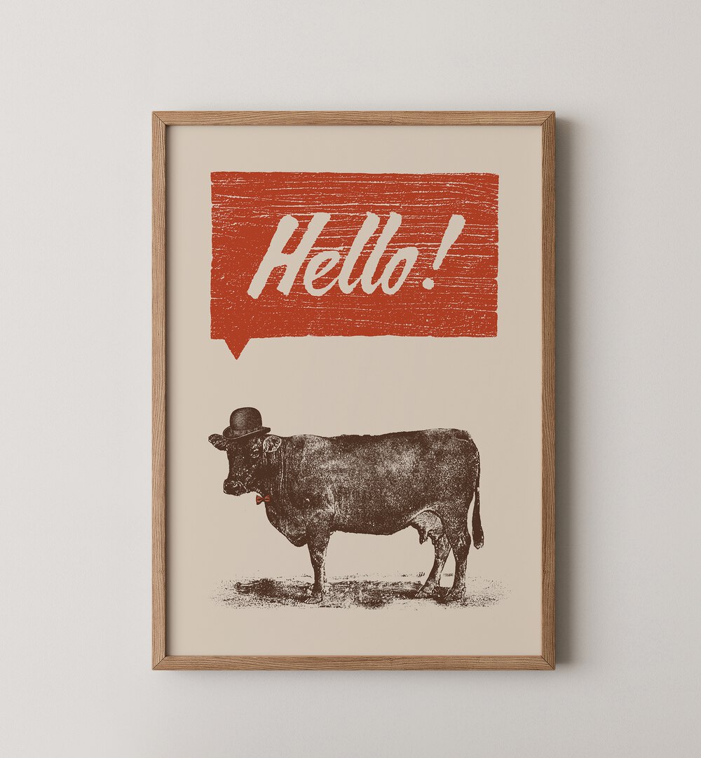 Charming cow art with "Hello!" speech bubble for the EVERYDAY WHIMSY GALLERY WALL, perfect for gallery walls.