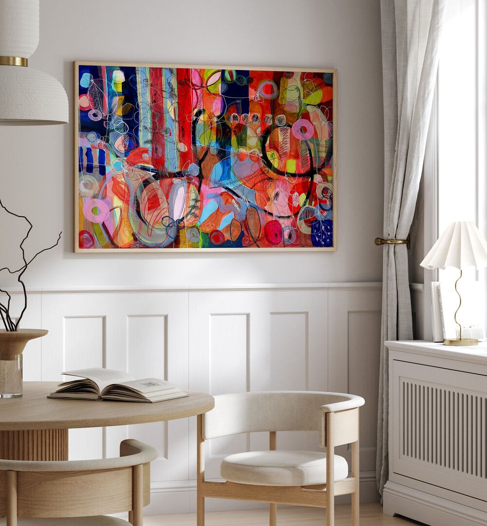 Vibrant colors and forms in AFTER THE RAIN III, ABSTRACT PAINTINGS enhance any modern interior space beautifully.