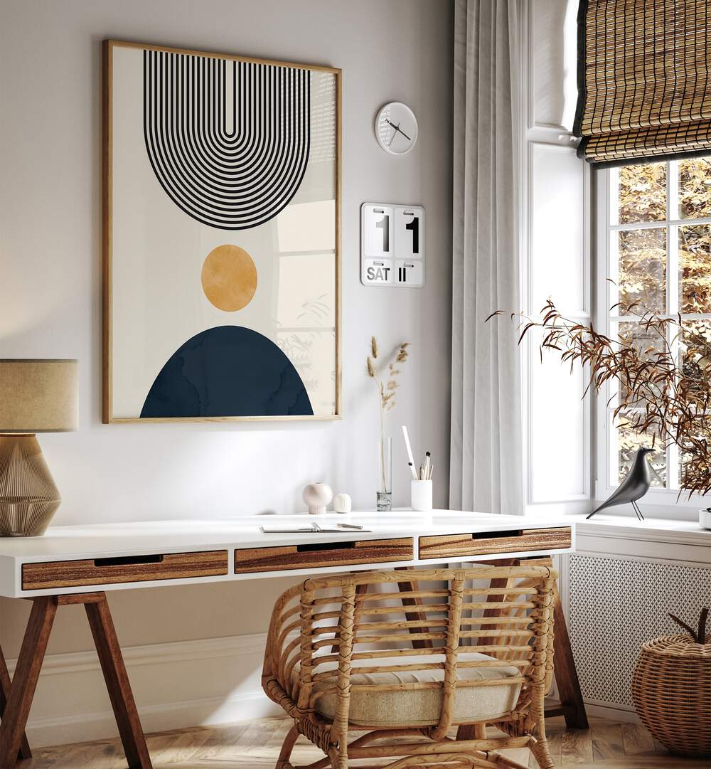 Stylish home office featuring CIRCLES AND LINES 7, BOHO ART PAINTINGS, enhancing creativity with modern design.
